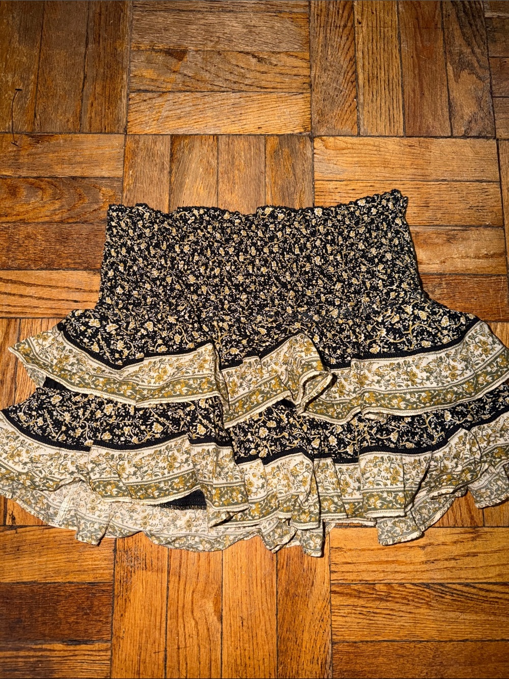 American Eagle Outfitters Black & Cream Floral Tiered Smocked Skater Skirt